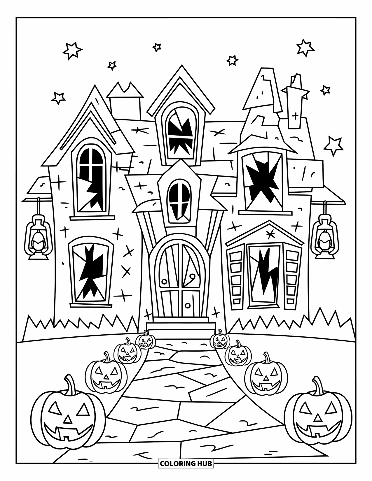 Haunted Mansion Coloring Page for Kids: Haunted mansion with cracked windows, lanterns, and pumpkins glowing under a starry sky