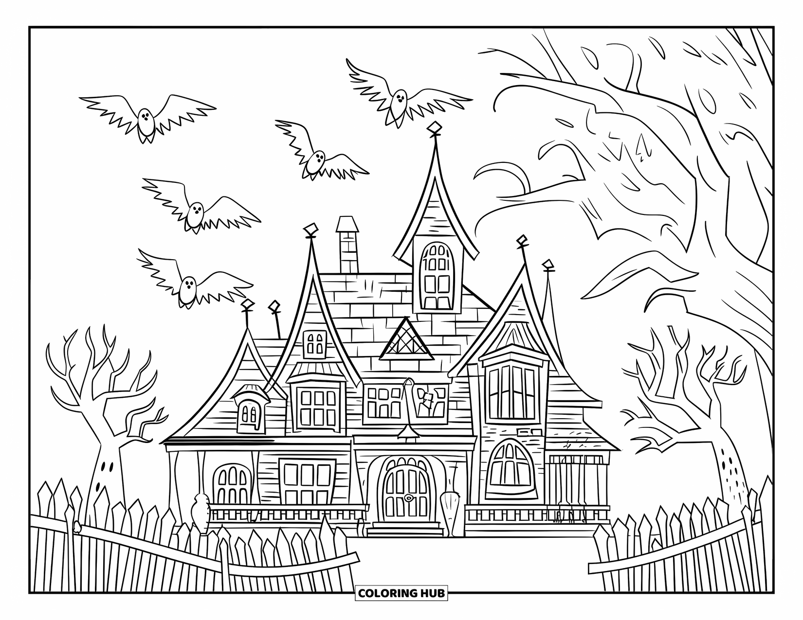 Haunted Mansion Coloring Page for Kids: Haunted mansion with flying crows, spooky trees, and crooked fencing under a clear sky