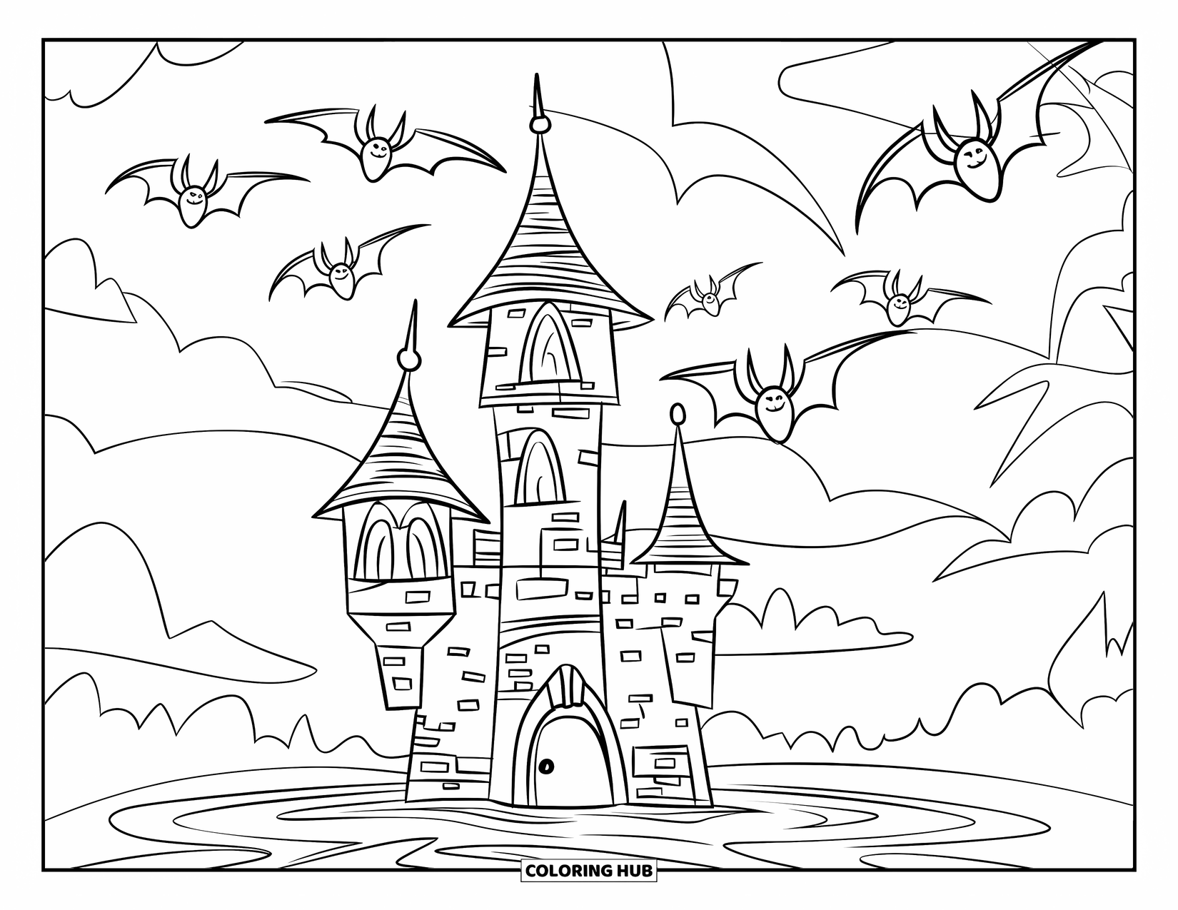 Haunted Mansion Coloring Page for Kids: Haunted tower with a spire, swirling leaves, and cloudy sky backdrop