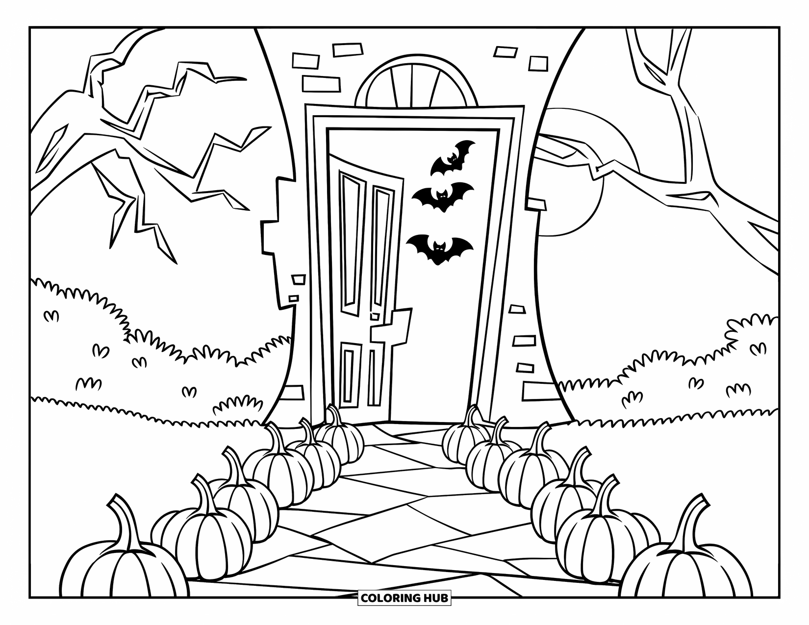 Haunted Mansion Coloring Page for Kids: Pumpkin-lined walkway leads to a creaky mansion door with bats and moonlight