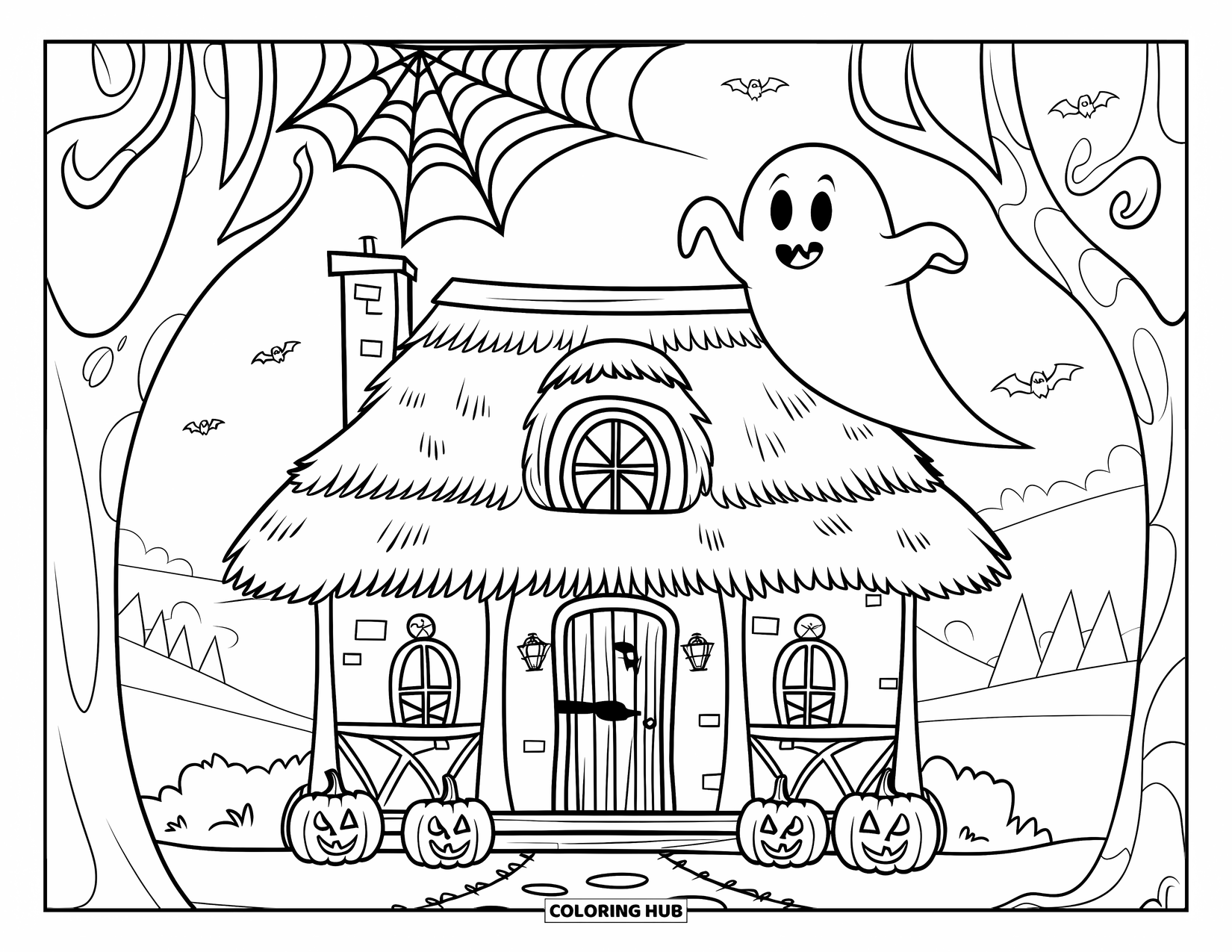 Haunted Mansion Coloring Page for Kids: Pumpkin porch and floating ghost decorate a cozy cottage under a gentle ghost-filled sky