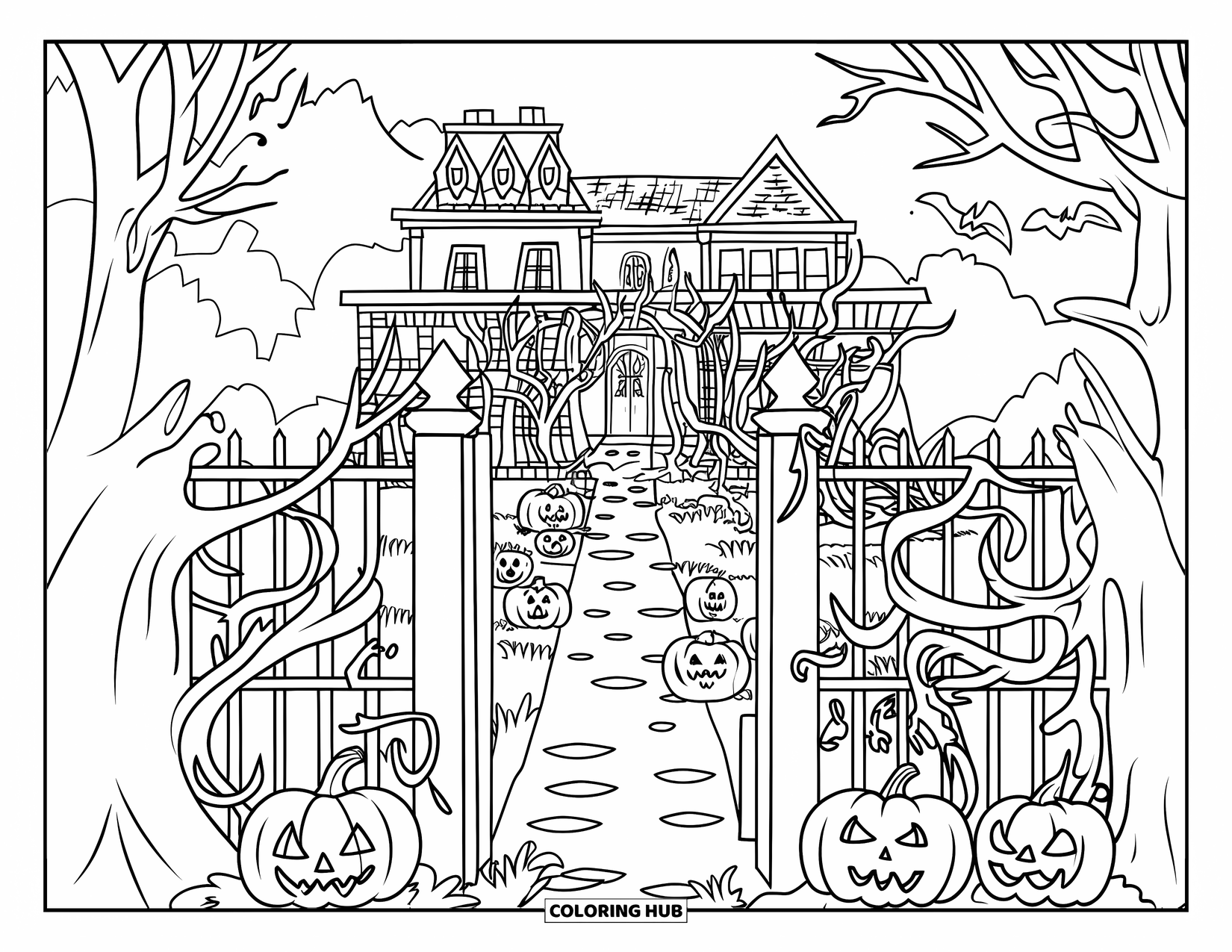 Haunted Mansion Coloring Page for Kids: Secret haunted garden with broken fence, twisted vines, and a path to the mansion