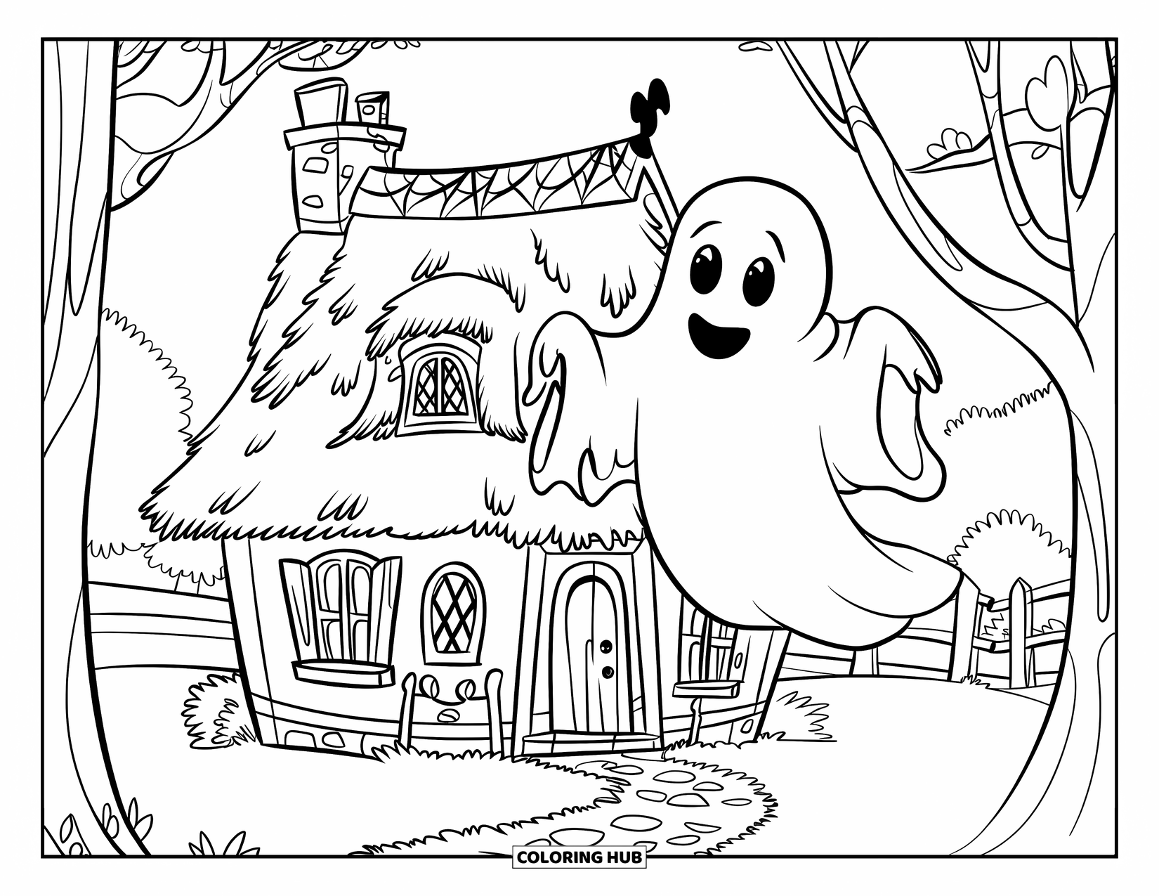 Haunted Mansion Coloring Page for Kids: Smiling ghost floats above a cobwebbed cottage in a peaceful fenced yard