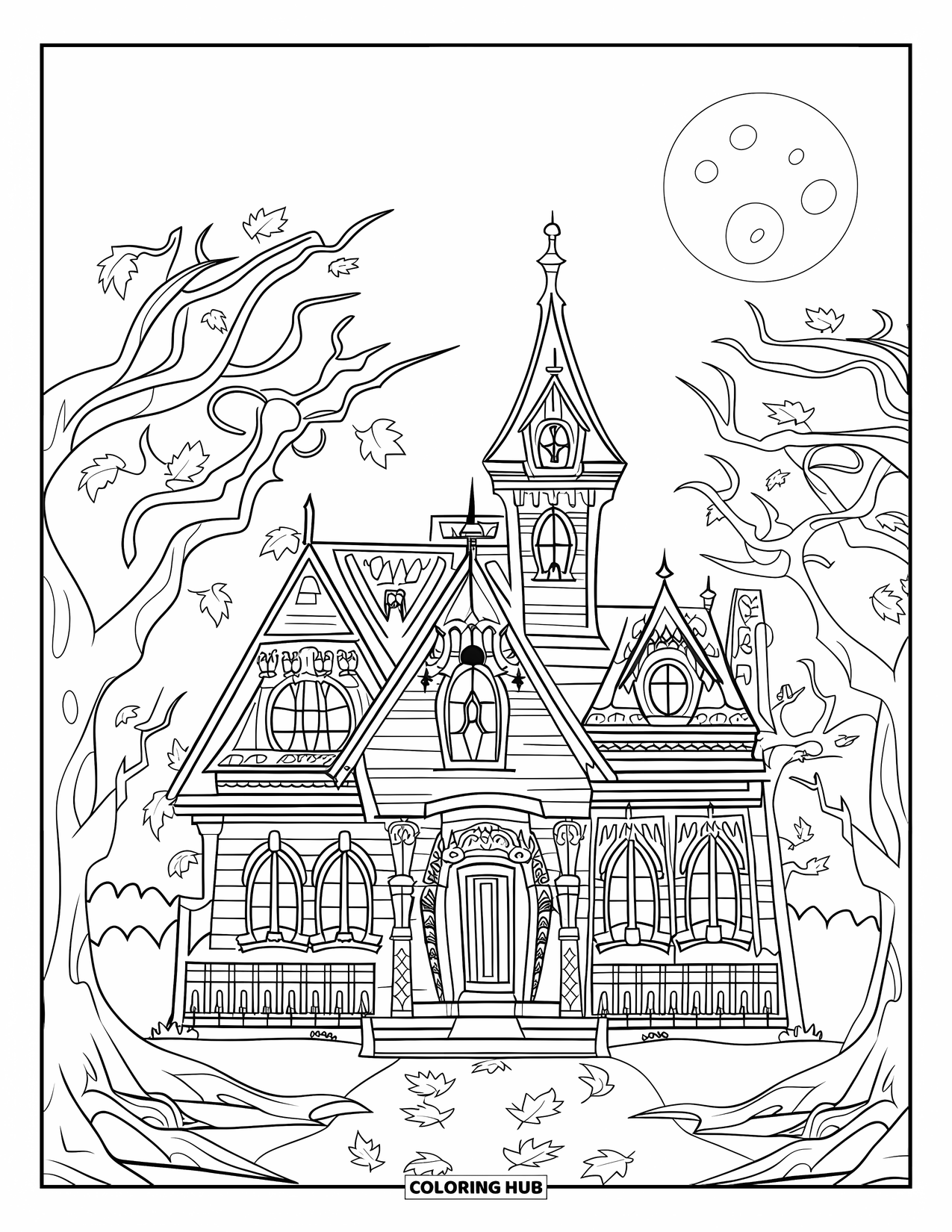 Haunted Mansion Coloring Page for Kids: Spooky mansion with twisted trees, big windows, and crunchy autumn leaves