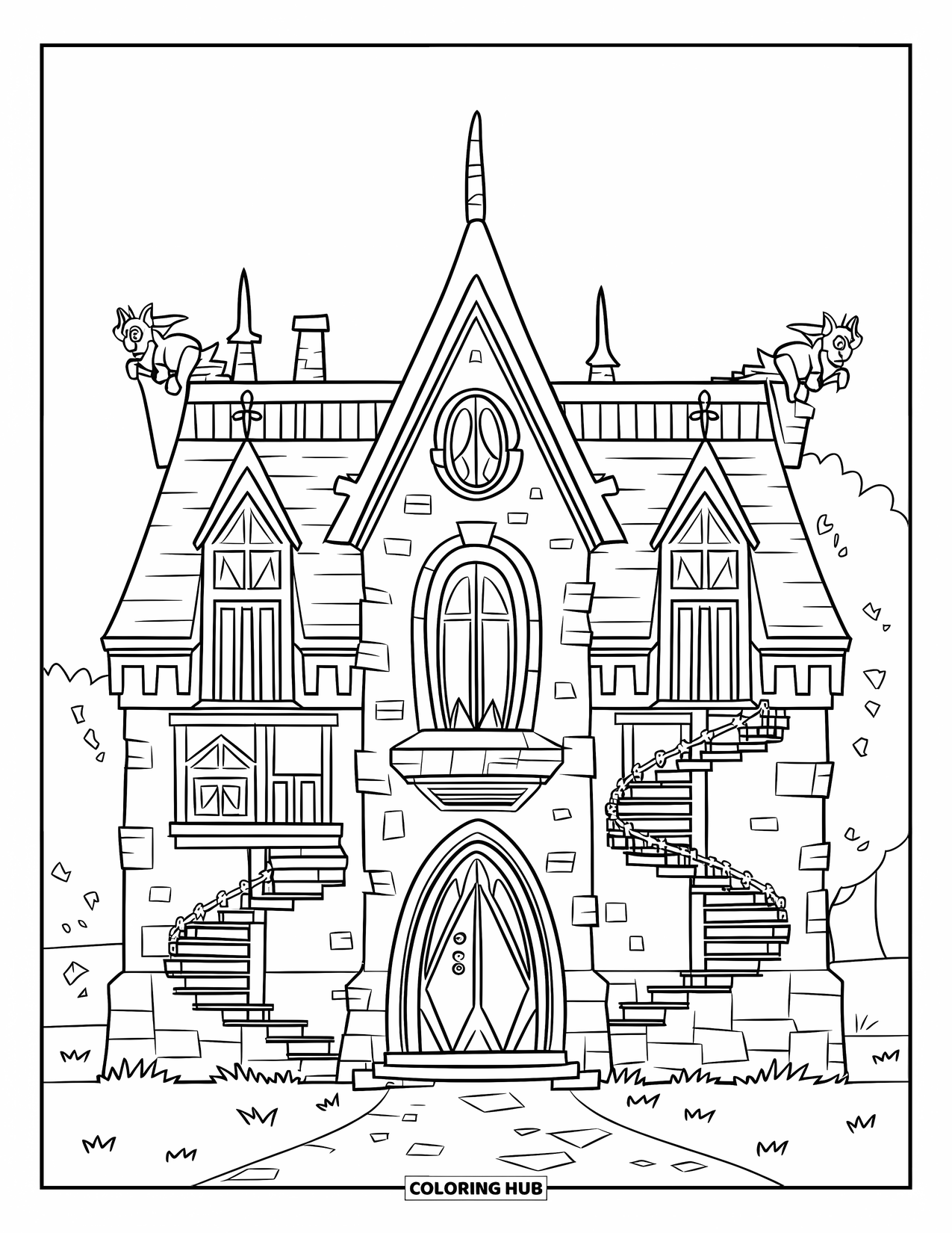 Haunted Mansion Coloring Page for Kids: Stone mansion with pointed arches, spiral staircases, and gargoyles on a grassy field