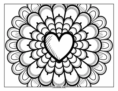 Coloriage de mandala en cœur pour adultes : Un cœur audacieux se développe en couches ornementales d'éventails de cœurs, de fleurs et de séparateurs brodés