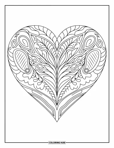 Coloriage de mandala en cœur pour adultes : Un mandala décoratif aux motifs cachemire et aux vignes courbes entoure un cœur bien affirmé
