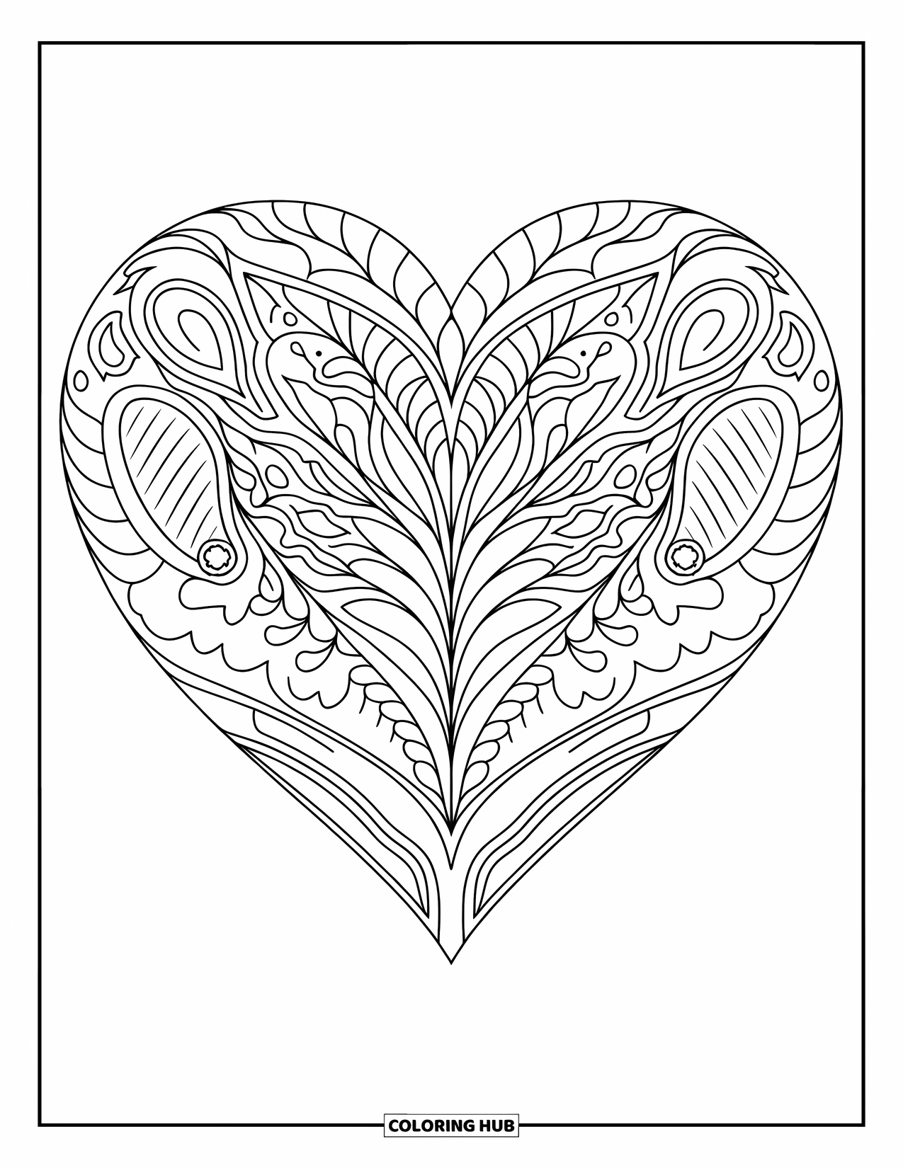 Heart Mandala Coloring Page for Adults: A decorative mandala with paisley shapes and curved vines surrounds a bold heart
