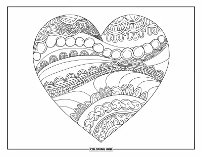 Coloriage de mandala en cœur pour adultes : Un délicat mandala en cœur aux textures de dentelle et aux motifs de vagues fluides emplit l'espace