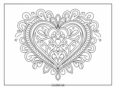 Coloriage de mandala en cœur pour adultes : Un mandala en cœur détaillé de pétales et de vignes s'étend sur une page blanche et nette