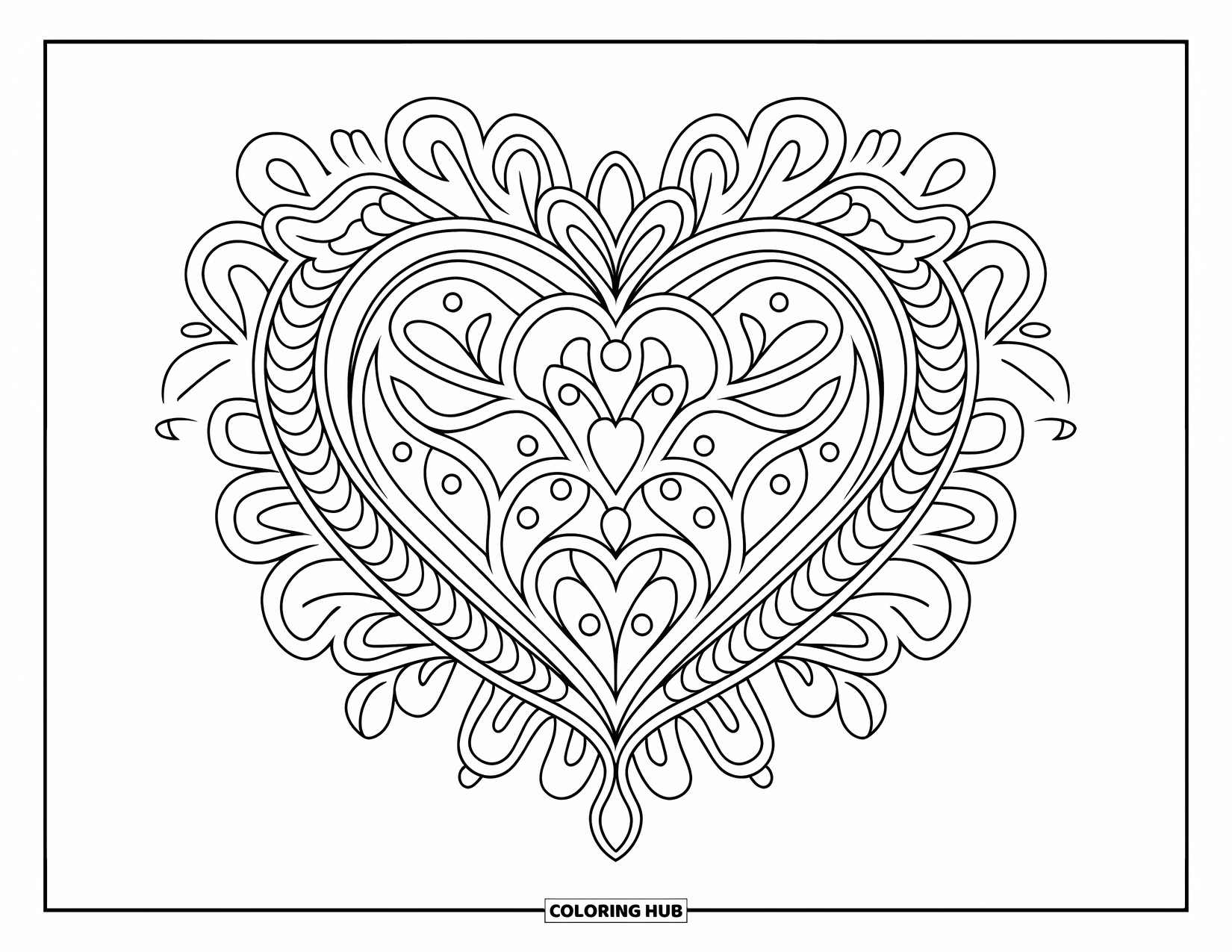 Heart Mandala Coloring Page for Adults: A detailed heart mandala of petals and vines stretches across a crisp white page