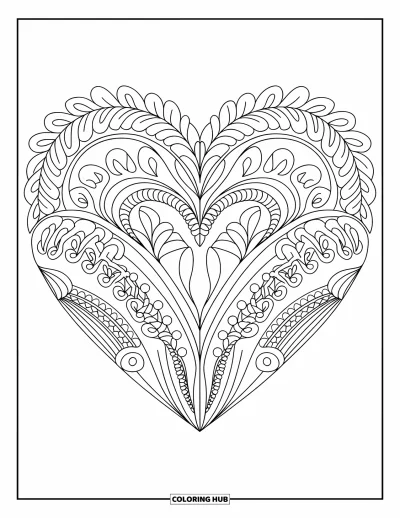 Coloriage de mandala en cœur pour adultes : Un mandala en cœur pleine page aux détails baroques somptueux et aux délicates volutes