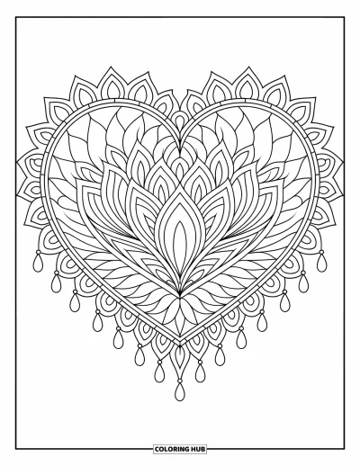 Coloriage de mandala en cœur pour adultes : Un mandala pleine page aux pétales de lotus et aux couches de dentelle entoure un cœur central