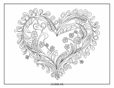 Coloriage de mandala en cœur pour adultes : Un gracieux mandala en cœur aux pétales virevoltants et aux fines vignes remplit chaque recoin