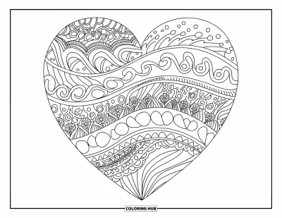 Coloriage de mandala en cœur pour adultes : Un gracieux mandala de cœurs en filigrane et de vagues florales embellit le dessin dans sa totalité