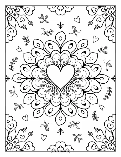 Coloriage de mandala en cœur pour adultes : Un cœur s'épanouit en pétales incurvés, boucles de rubans et mini cœurs dans un tourbillon espiègle