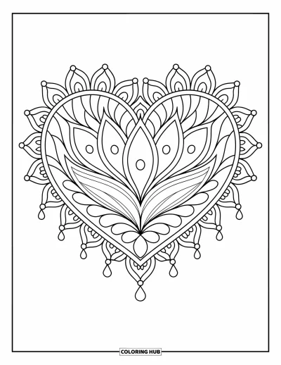 Coloriage de mandala en cœur pour adultes : Un mandala en cœur de formes en larme, de pétales de lotus et de dentelle s'étend sur toute la page