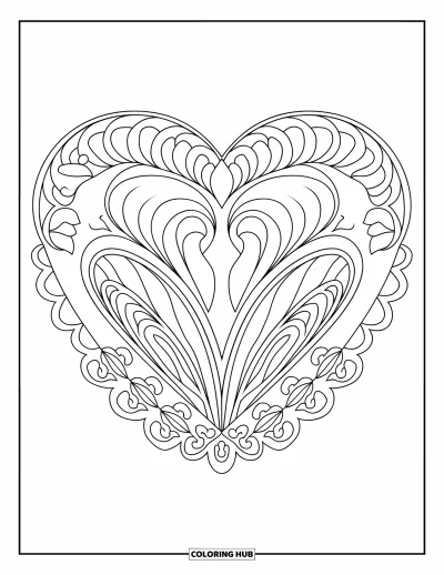 Coloriage de mandala en cœur pour adultes : Un mandala en cœur aux volutes baroques, arcs floraux et formes enroulées emplit tout l'espace
