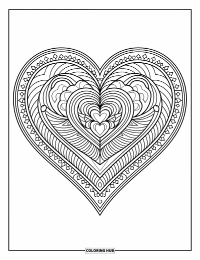 Coloriage de mandala en cœur pour adultes : Un mandala en cœur aux cœurs en spirale et aux motifs géométriques couvre toute la page