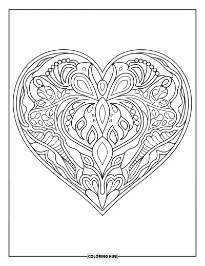 Coloriage de mandala en cœur pour adultes : Un mandala en forme de cœur rempli de motifs cachemire, de vignes et de délicates volutes