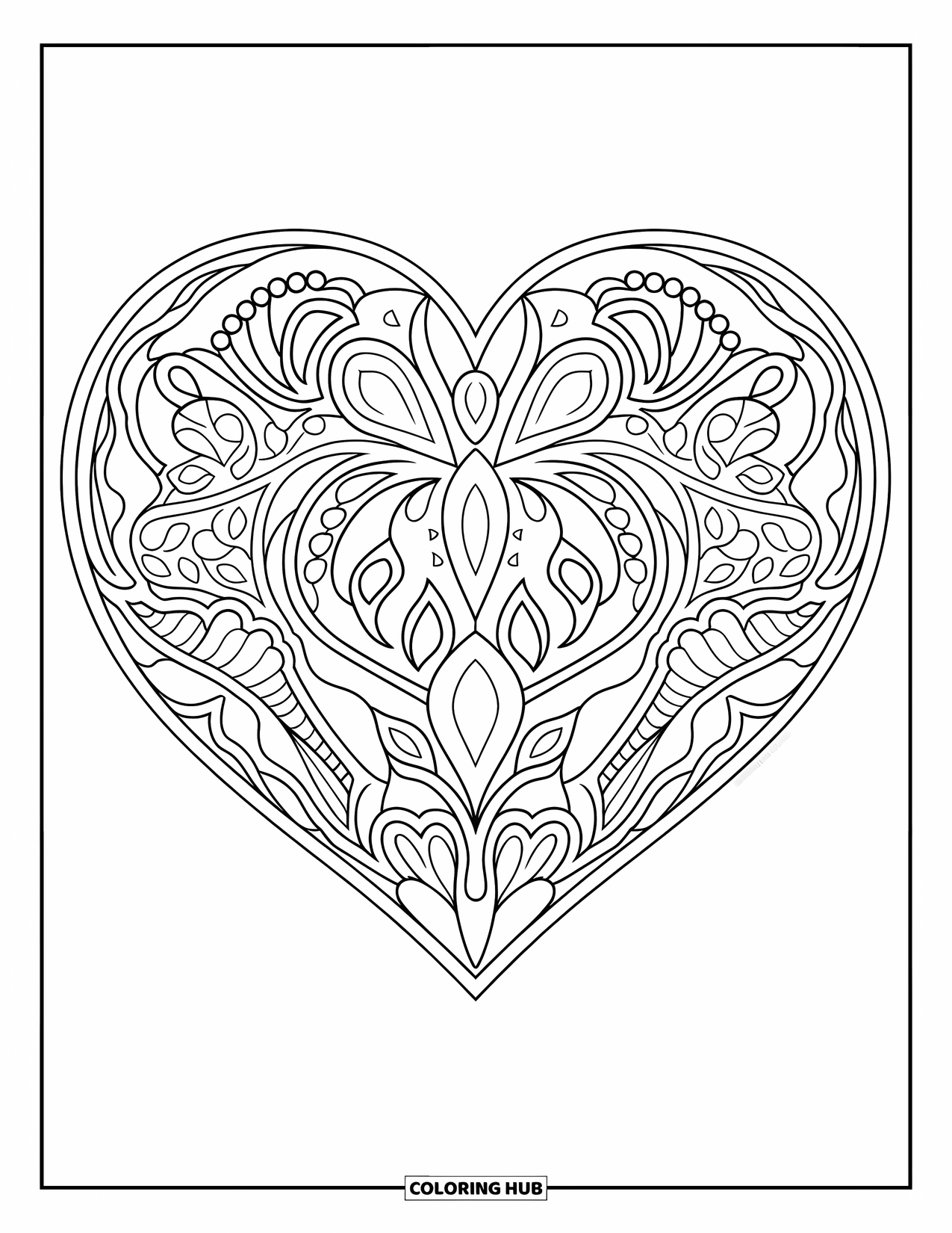Heart Mandala Coloring Page for Adults: A heart-shaped mandala filled with paisleys, vines, and delicate curls