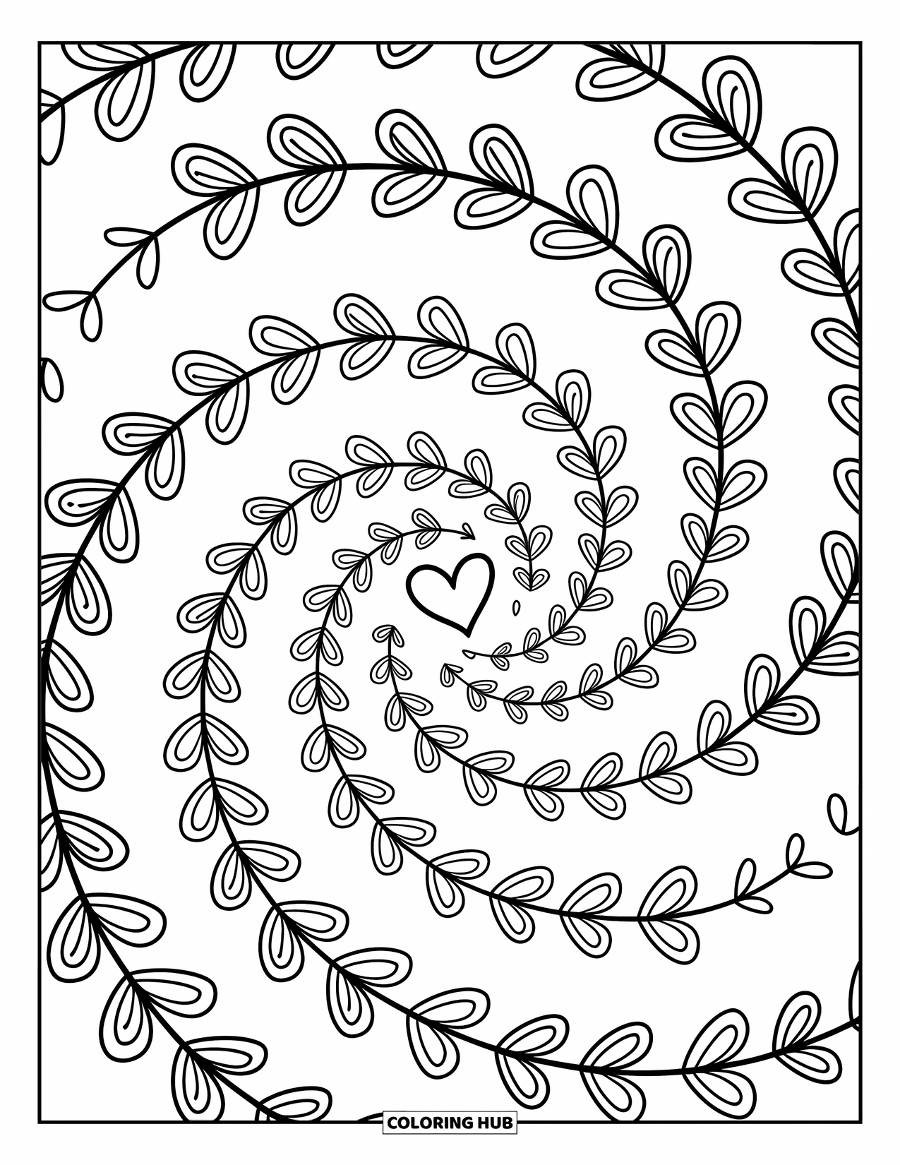 Heart Mandala Coloring Page for Adults: A heart spiral grows with swirling trails, dotted loops, and leaf-like hearts