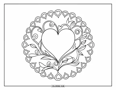 Coloriage de mandala en cœur pour adultes : Un cœur romantique entouré de vignes gracieuses et de petits pétales s'étend sur toute la page