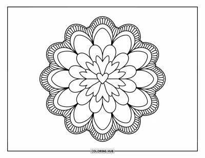 Coloriage de mandala en cœur pour adultes : Une rosette de cœurs entrelacés s'épanouit en dentelle, boucles et douces couches ornementales