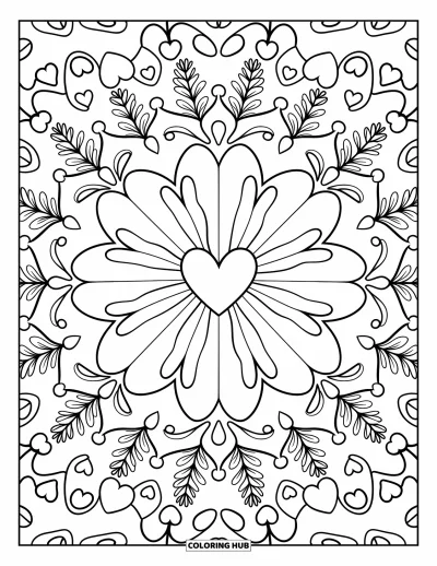 Coloriage de mandala en cœur pour adultes : Un mandala tout doux de cœurs, de rubans et de bouquets floraux remplit la page d'un charme enveloppant
