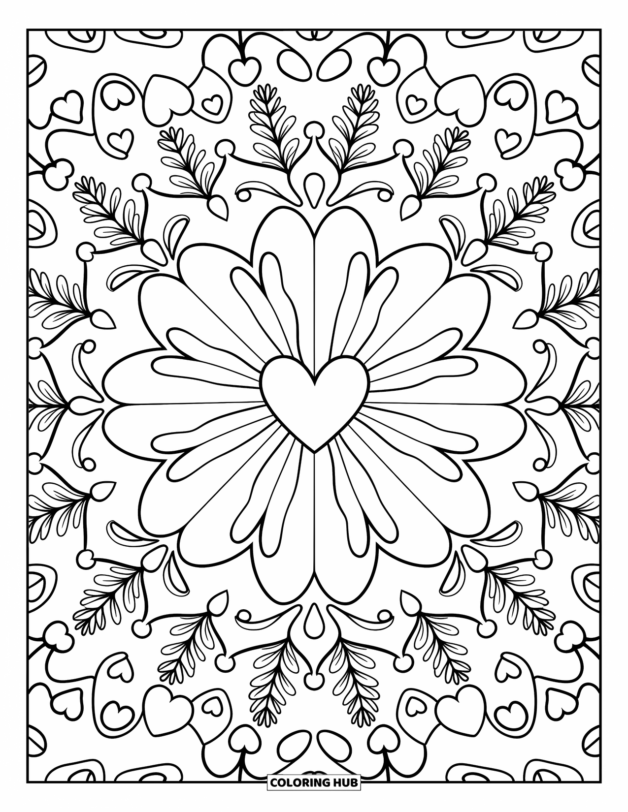 Heart Mandala Coloring Page for Adults: A soft mandala of hearts, ribbons, and floral sprays fills the page with cozy charm