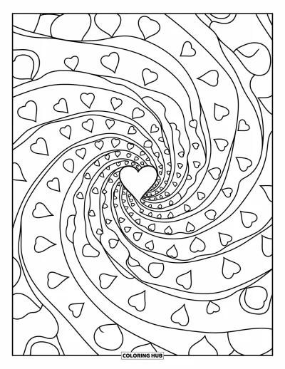 Coloriage de mandala en cœur pour adultes : Une spirale de cœurs s'enroule autour de petits dessins espièges comme des étoiles, des boucles et de légers séparateurs