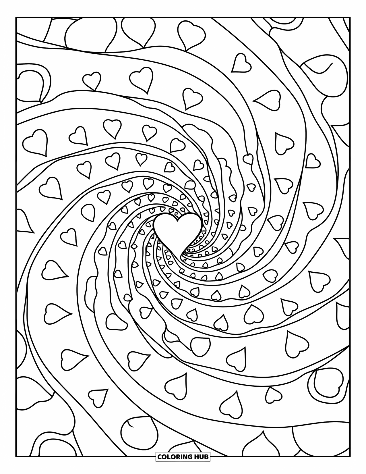 Heart Mandala Coloring Page for Adults: A spiral of hearts curls around playful doodles like stars, loops, and soft dividers
