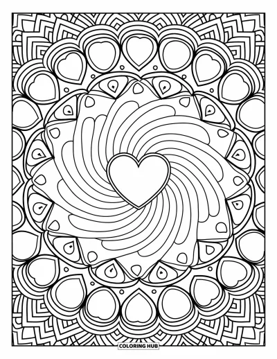 Coloriage de mandala en cœur pour adultes : Un mandala en cœur en spirale se développe avec des formes superposées et de jolies bordures décoratives