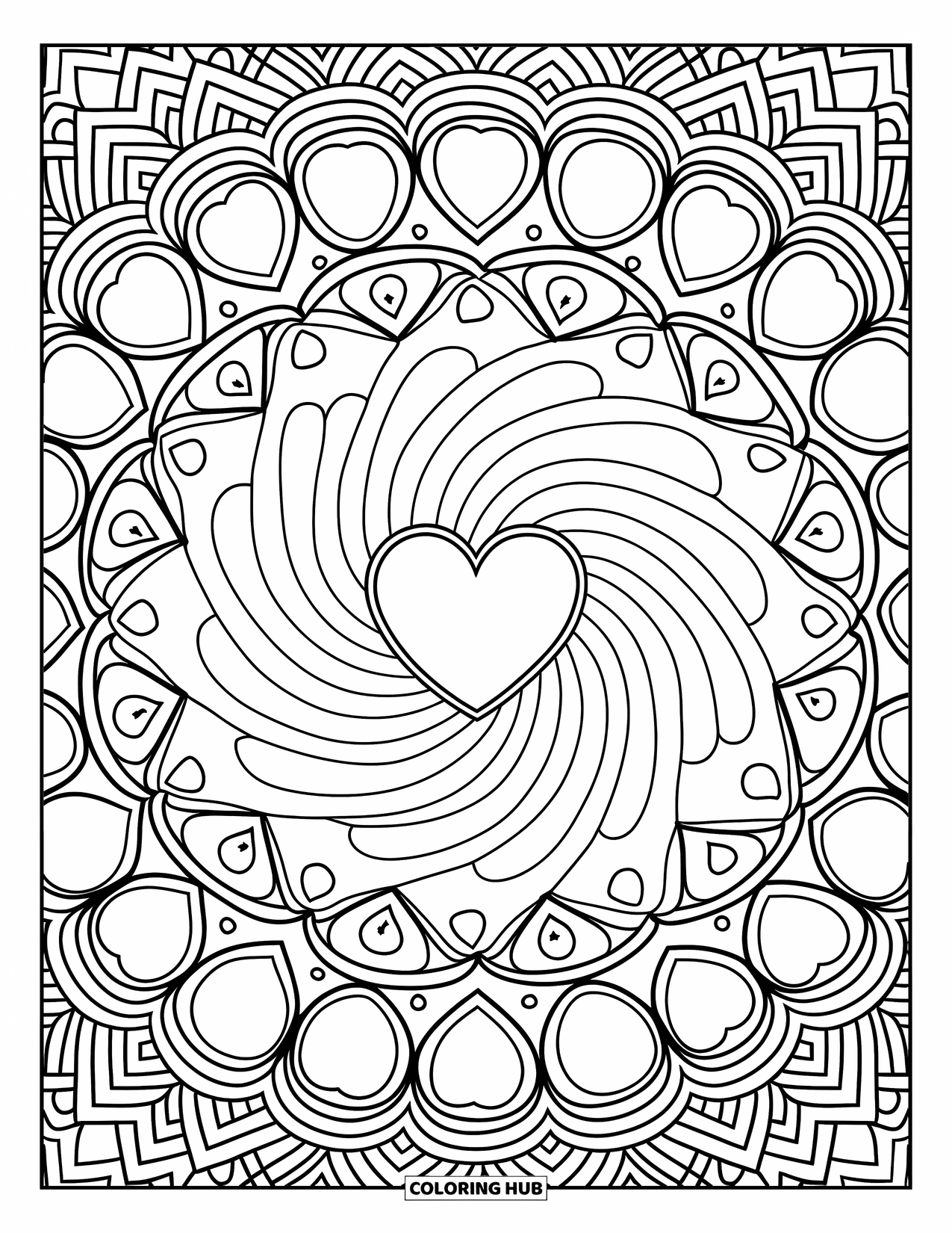 Heart Mandala Coloring Page for Adults: A spiraling heart mandala grows with layered shapes and decorative borders
