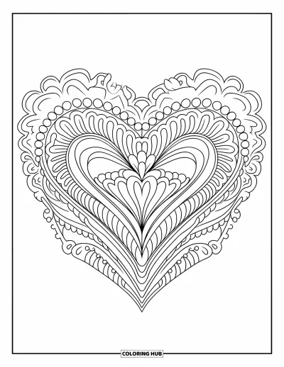 Coloriage de mandala en cœur pour adultes : Des formes baroques et des arcs floraux créent un mandala en cœur affirmé d'un bord à l'autre