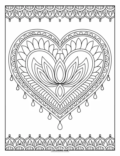 Coloriage de mandala en cœur pour adultes : De la dentelle délicate et des couches florales éclosent depuis un mandala en forme de cœur