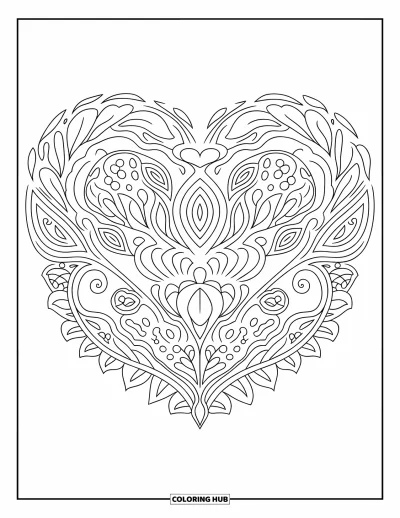 Coloriage de mandala en cœur pour adultes : D'élégantes courbes de vignes et des motifs cachemire ornent ce mandala en cœur de détails soignés