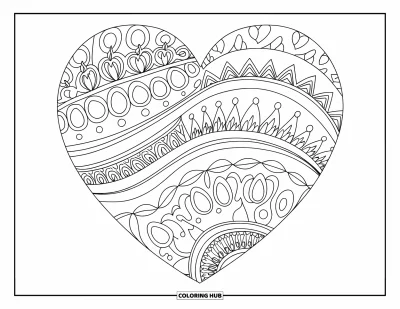 Coloriage de mandala en cœur pour adultes : Des cœurs en filigrane et des motifs de dentelle ondulée tourbillonnent dans cet élégant mandala pleine page