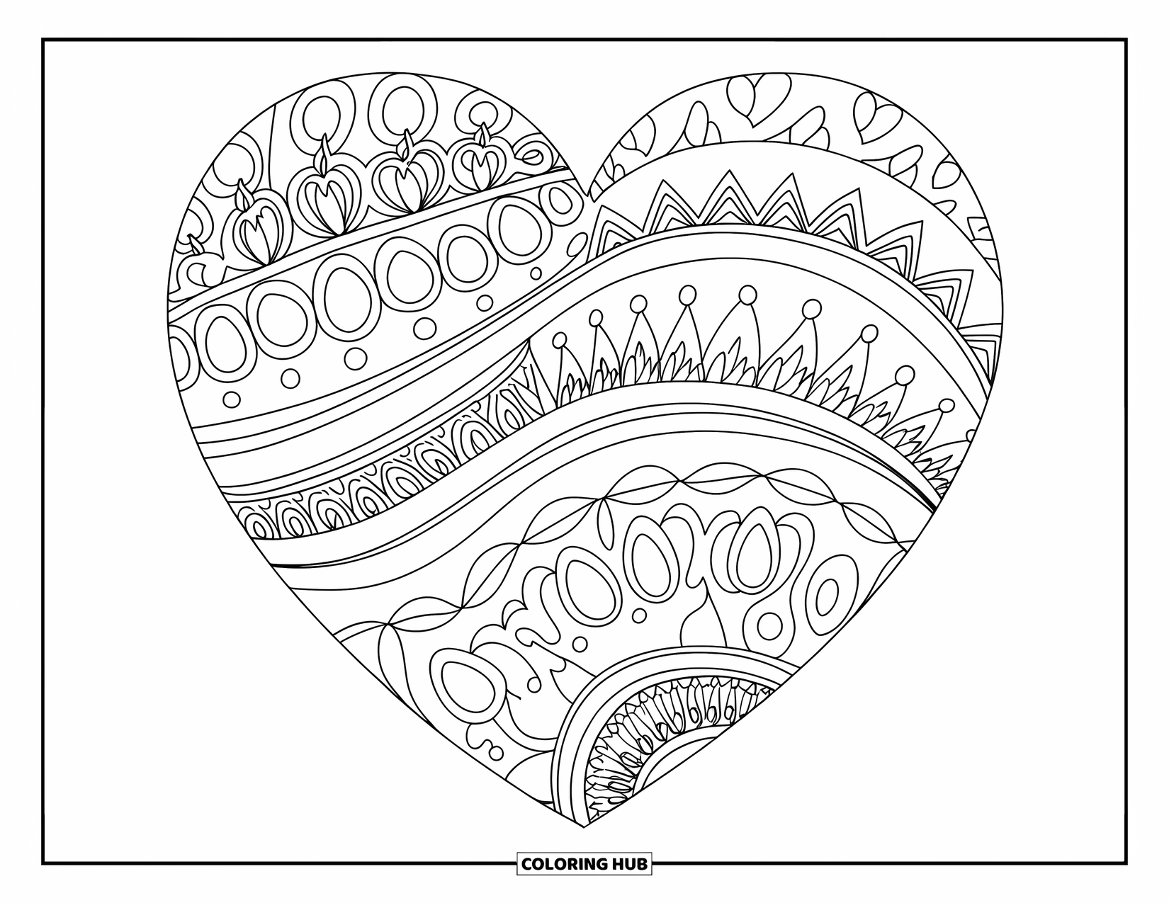 Heart Mandala Coloring Page for Adults: Filigree hearts and wavy lace patterns swirl in this elegant full-page mandala