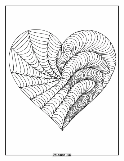 Coloriage de mandala en cœur pour adultes : Des lignes géométriques et des cœurs enchevêtrés construisent un mandala complexe autour d'un cœur central