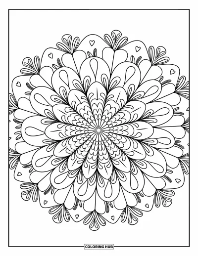 Coloriage de mandala en cœur pour adultes : Des pétales en cœur se superposent à des gerbes florales et des boucles fantaisistes dans cet adorable mandala en fleur