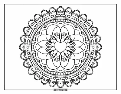 Coloriage de mandala en cœur pour adultes : Des cœurs entrelacés rayonnent vers l'extérieur avec de la dentelle, des guirlandes de cœurs et le charme chaleureux du dessin à la main