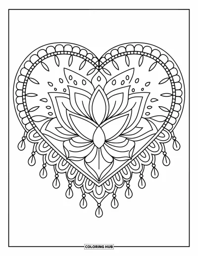 Coloriage de mandala en cœur pour adultes : Des pétales de lotus et des bords en dentelle composent un mandala en cœur délicat et raffiné