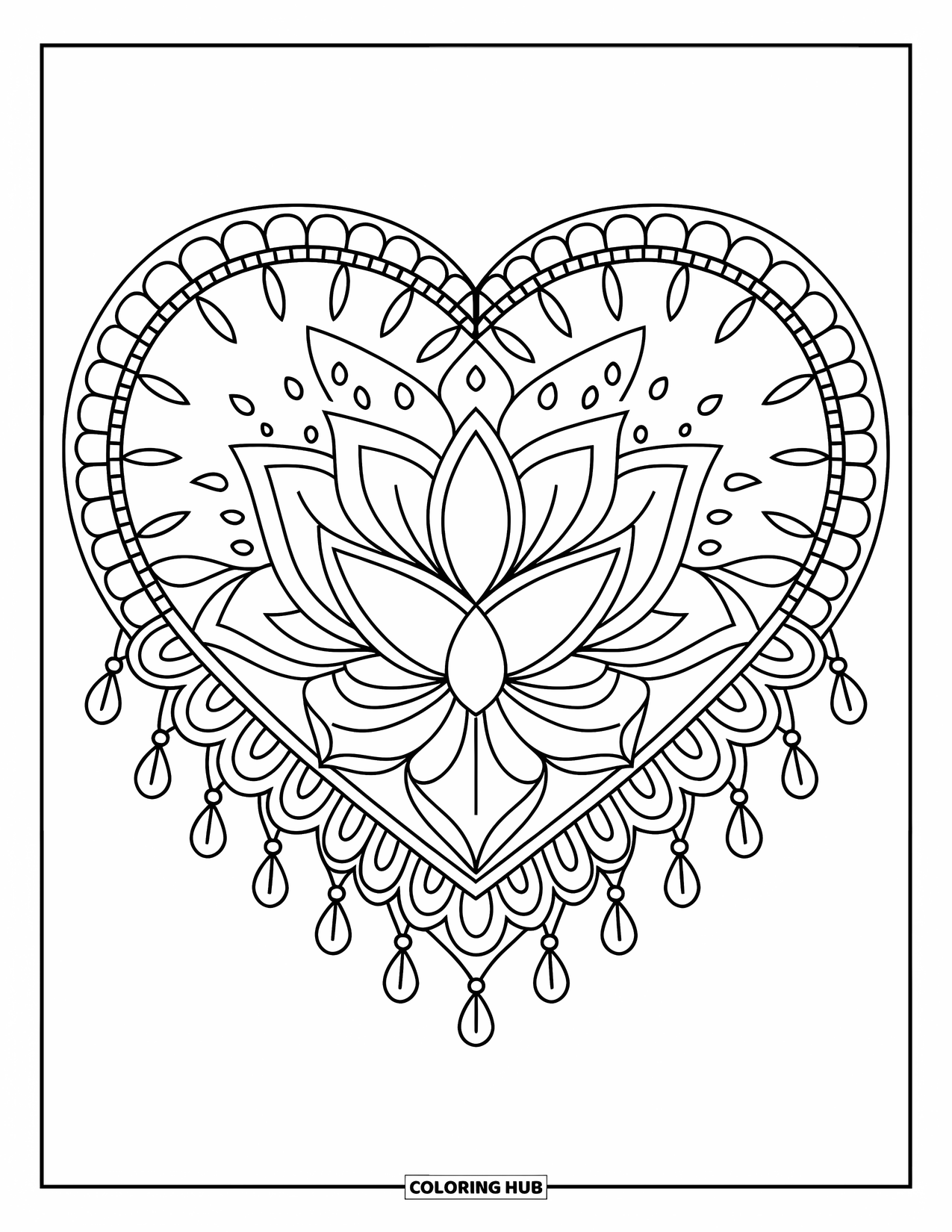 Heart Mandala Coloring Page for Adults: Lotus petals and lace edges create a soft and intricate heart mandala