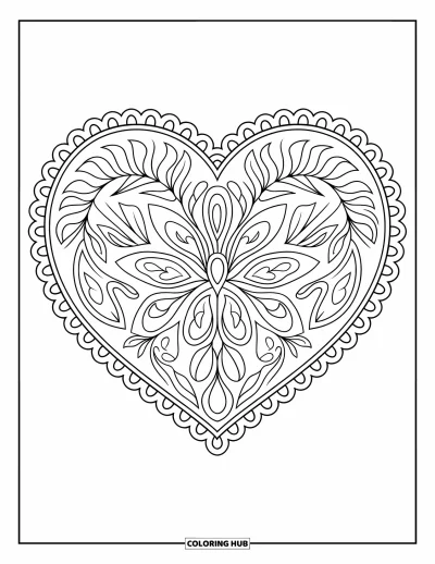 Coloriage de mandala en cœur pour adultes : Des motifs cachemire et des vignes serpentent dans un mandala en cœur complexe encadré d'une douce bordure
