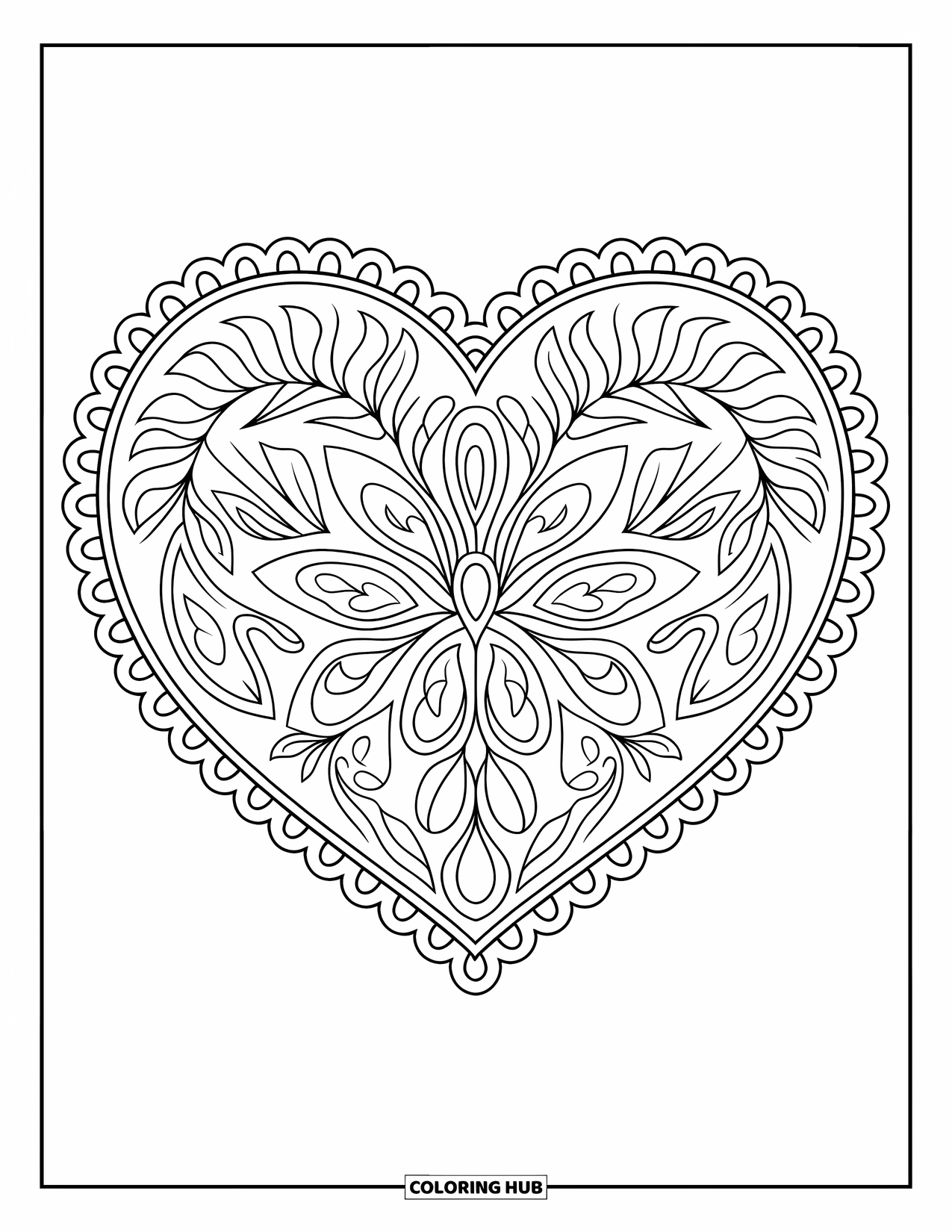 Heart Mandala Coloring Page for Adults: Paisley and vines flow through an intricate heart mandala framed by a soft border