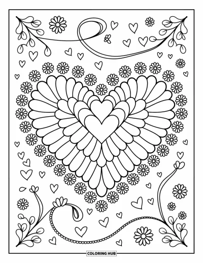 Coloriage de mandala en cœur pour adultes : Des cœurs en forme de pétales se déploient en un mandala floral avec de jolis bouquets et des chaînes de cœurs