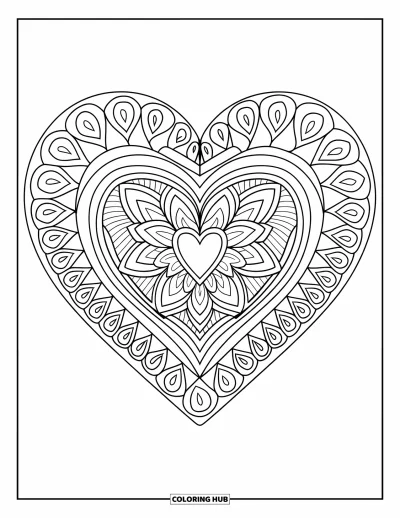Coloriage de mandala en cœur pour adultes : Des cœurs en spirale et des formes géométriques affirmées se croisent dans ce mandala détaillé