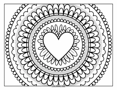 Coloriage de mandala en cœur pour adultes : Des anneaux de cœurs serrés grandissent depuis un centre affirmé avec des éventails, des spirales et des cercles floraux