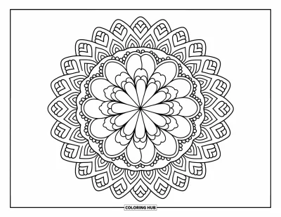 Coloriage de mandala en cœur pour adultes : De petits bouquets de cœurs s'élargissent depuis une rosette en fleur pour former des anneaux de dentelle et de guirlandes